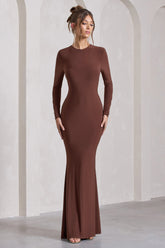 Chocolate Brown Long-Sleeve Backless Maxi Dress